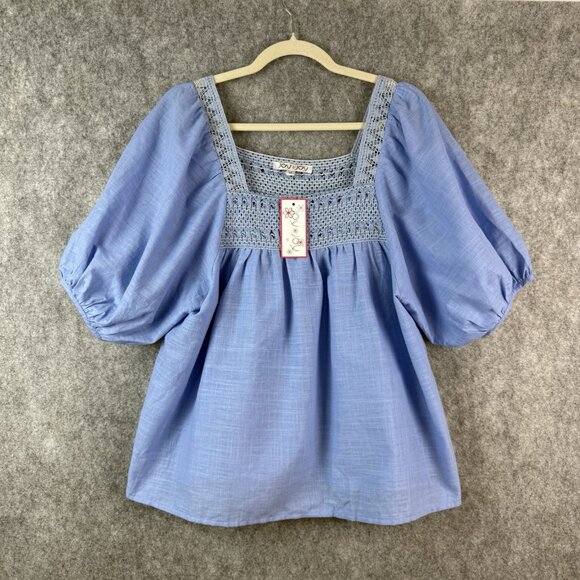 Joy Joy Square Neck‎ Embroidered Blouse Womens M Blue Balloon Short Sleeves New - Picture 1 of 11